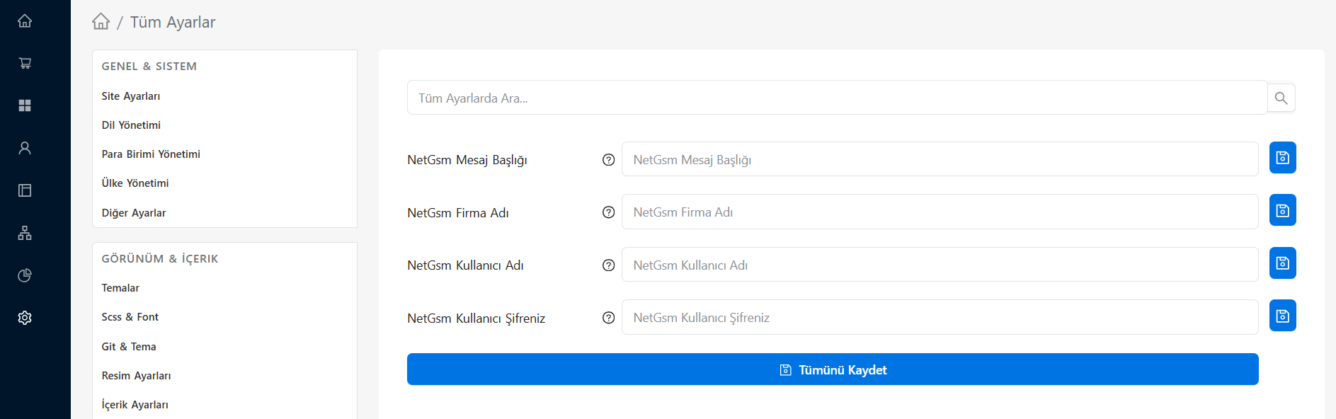 SMS Ayarları Ekranı