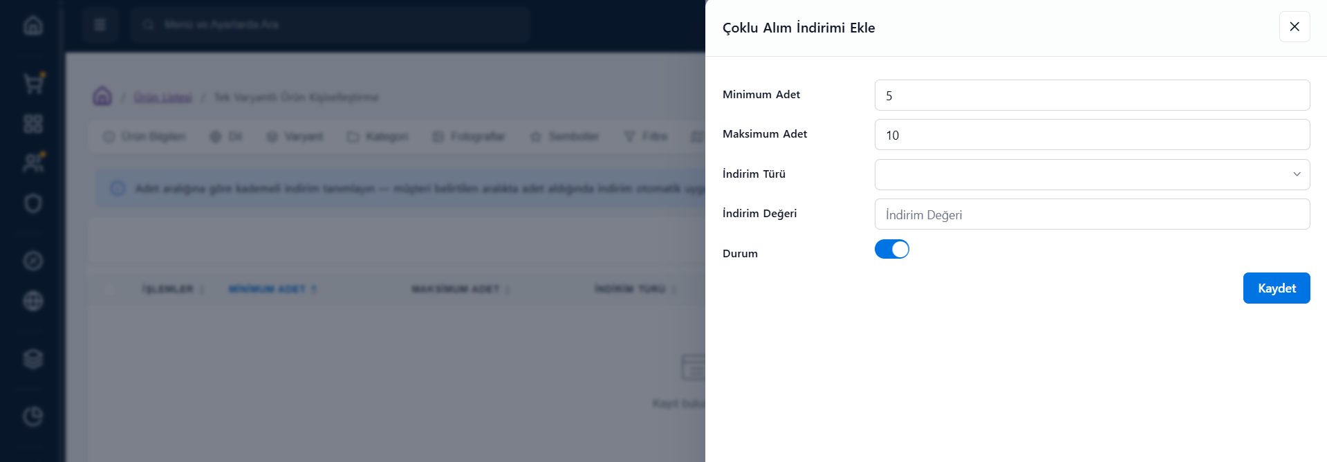 Çoklu Alım İndirimi Ekleme Penceresi
