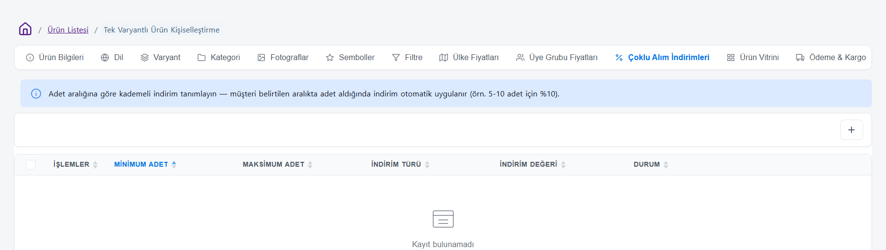 Çoklu Alım İndirimleri Sekmesi