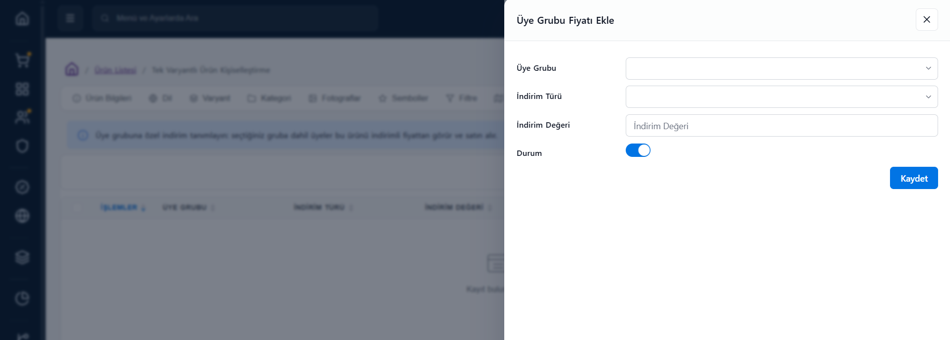 Üye Grubu Fiyatı Ekleme Penceresi
