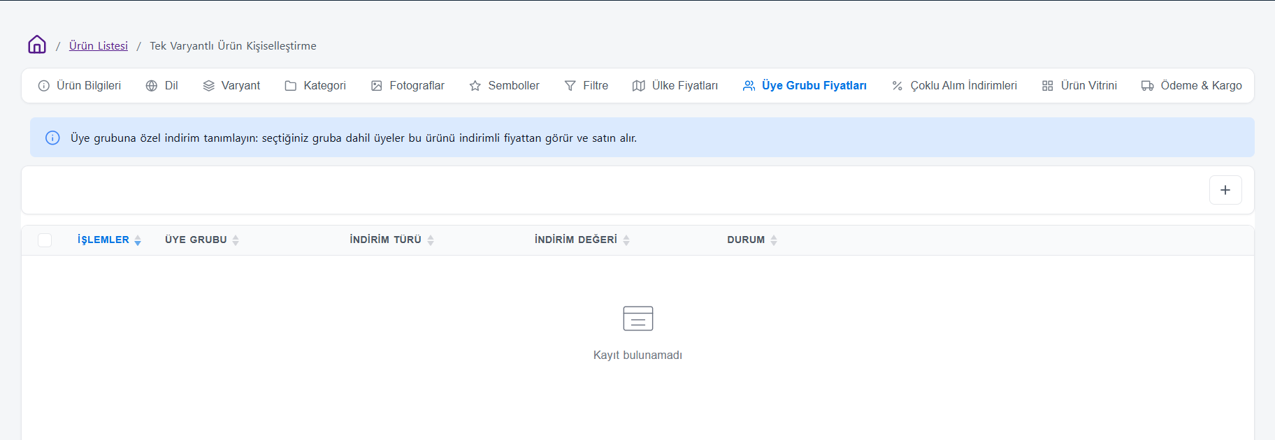 Üye Grubu Fiyatları Sekmesi