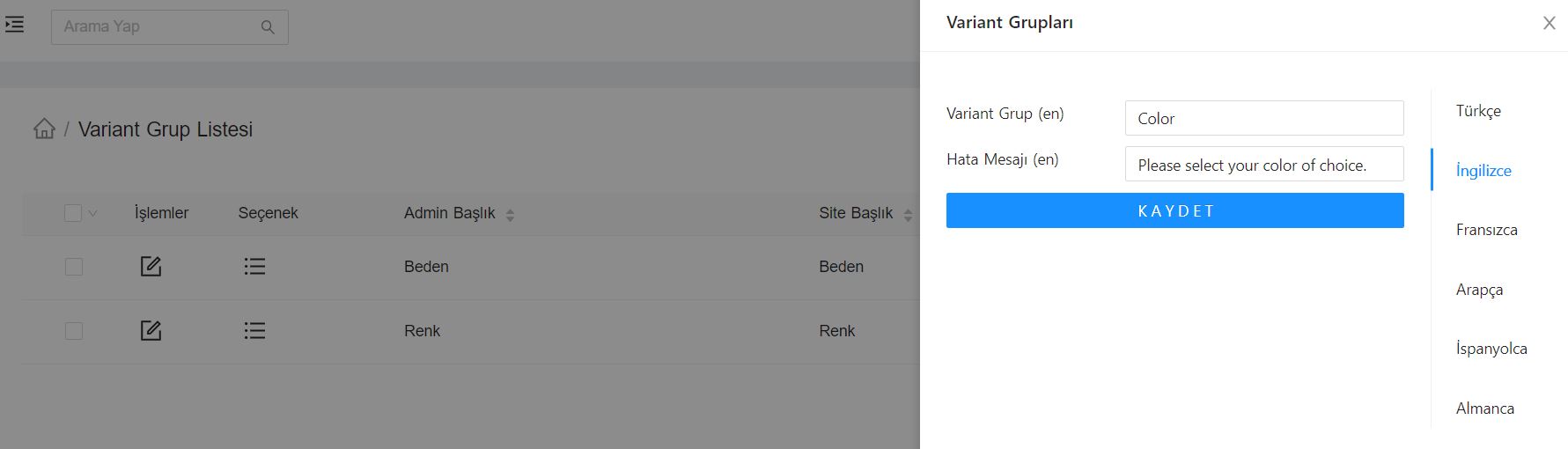 Varyant Grubu Düzenleme