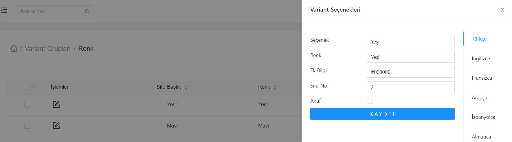 Varyant Seçeneği